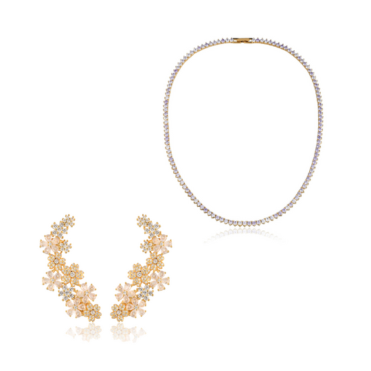 Kit riviera lilás e brinco flores banhados em ouro 18k sobre fundo claro