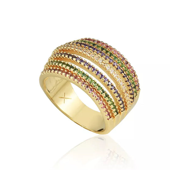 Anel Tiras Colorido com zircônias e banho de ouro 18k
