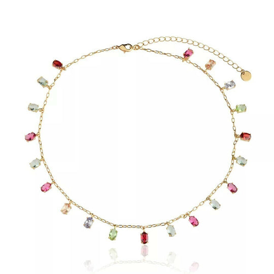 Colar pontos colorido banho ródio branco ou ouro 18k, visão completa da peça