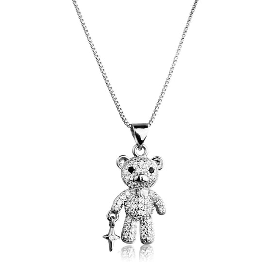 Colar com pingente de urso em banho de ródio branco sobre fundo claro