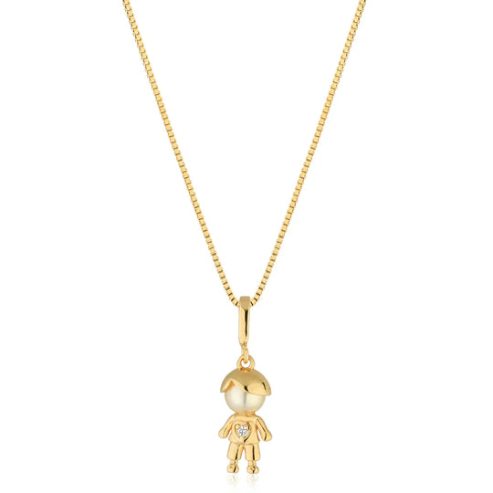 Colar Bonequinho Pérola e Coração Banho Ouro 18k em destaque