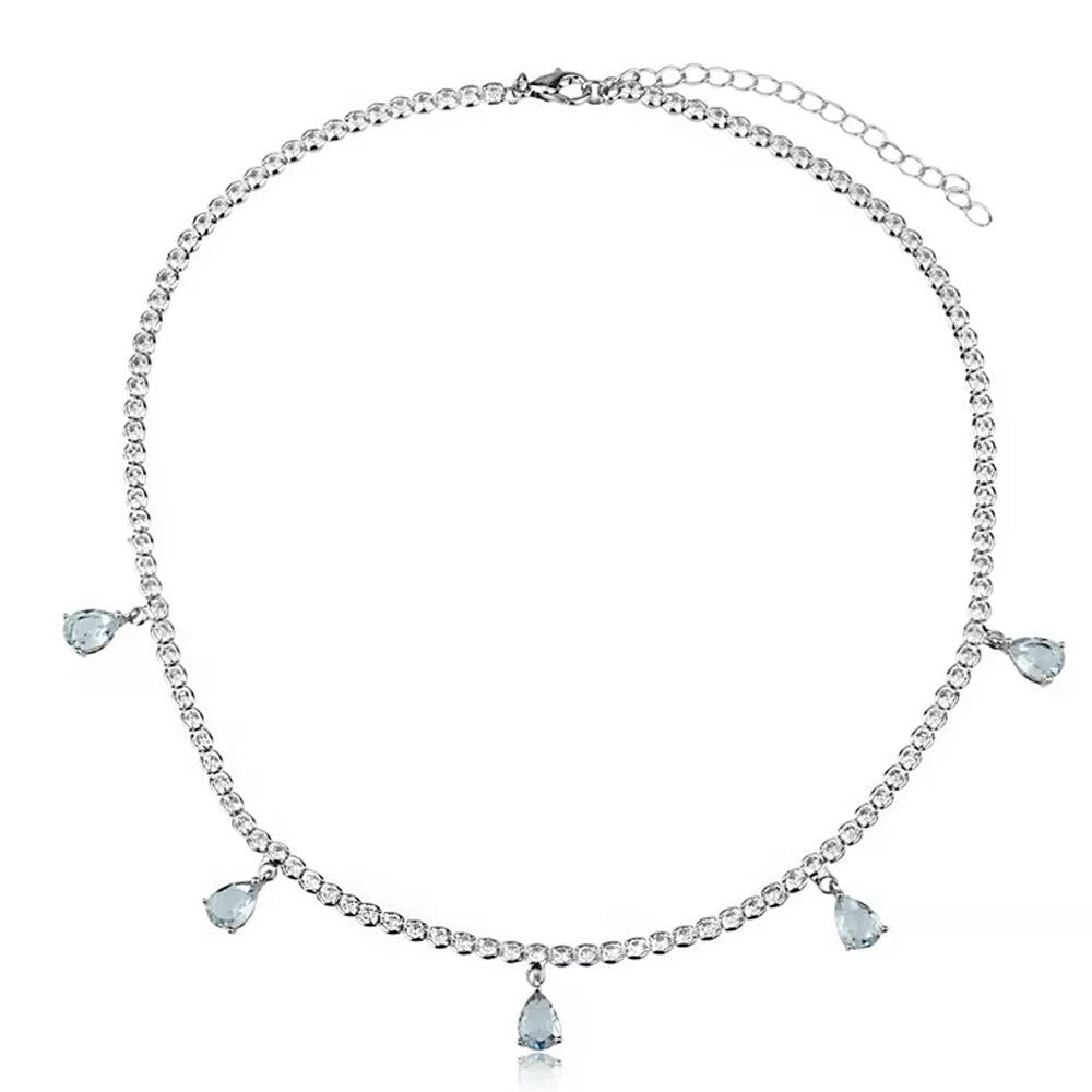 Colar gotas azul com zircônias cristal e azul, banho ródio branco