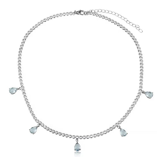 Colar gotas azul com zircônias cristal e azul, banho ródio branco