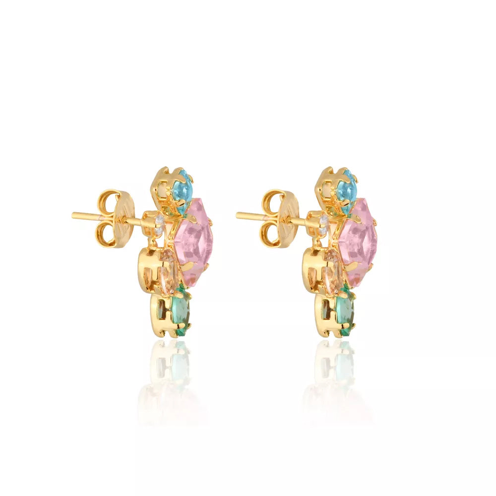 Brinco formas colorido com zircônias vibrantes e banho de ouro 18k