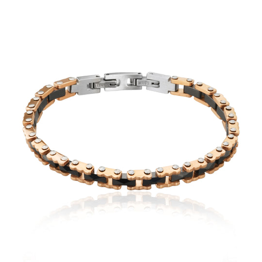 Pulseira masculina de tungstênio black com detalhes rose gold sobre fundo claro