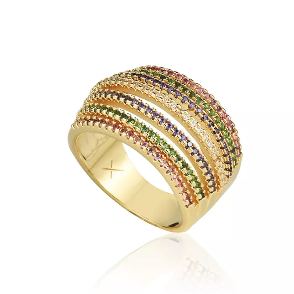 Anel Tiras Colorido com zircônias e banho de ouro 18k