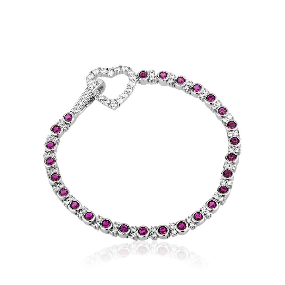 Pulseira coração com zircônias rosa e cristal em banho de ródio branco
