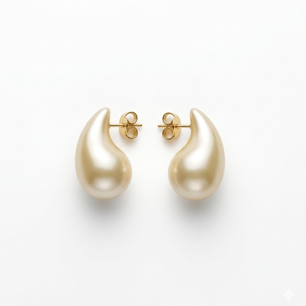 Detalhe do pingente em formato de gota com pérola do brinco banho ouro 18k
