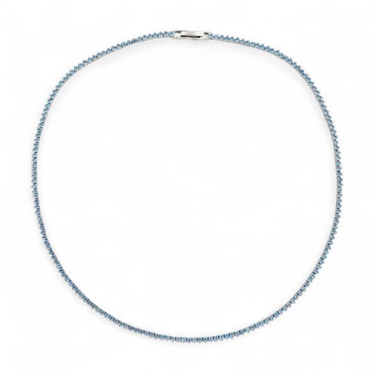 Colar Riviera Microzircônias Azul 3 Pontas Banho Ródio Branco em fundo branco (foto principal)