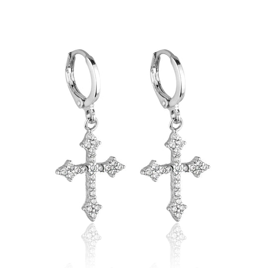 Brinco cruz cravejado com micro zircônias em banho ouro 18k ou ródio branco