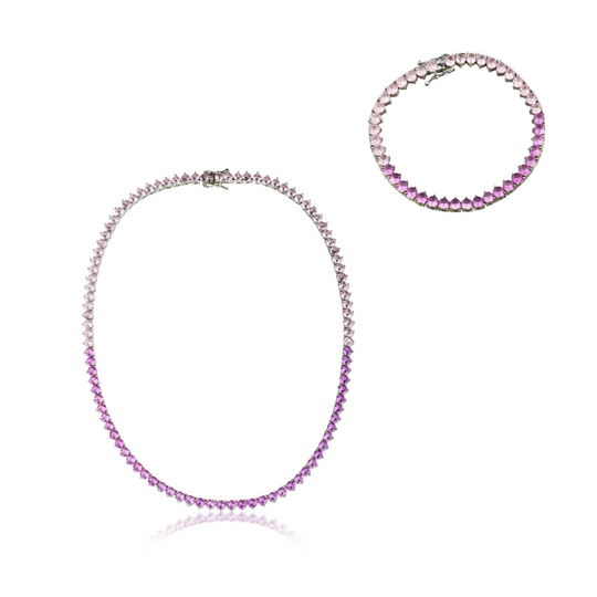 Kit com duas pulseiras riviera rosa degradê com zircônias sobre fundo branco