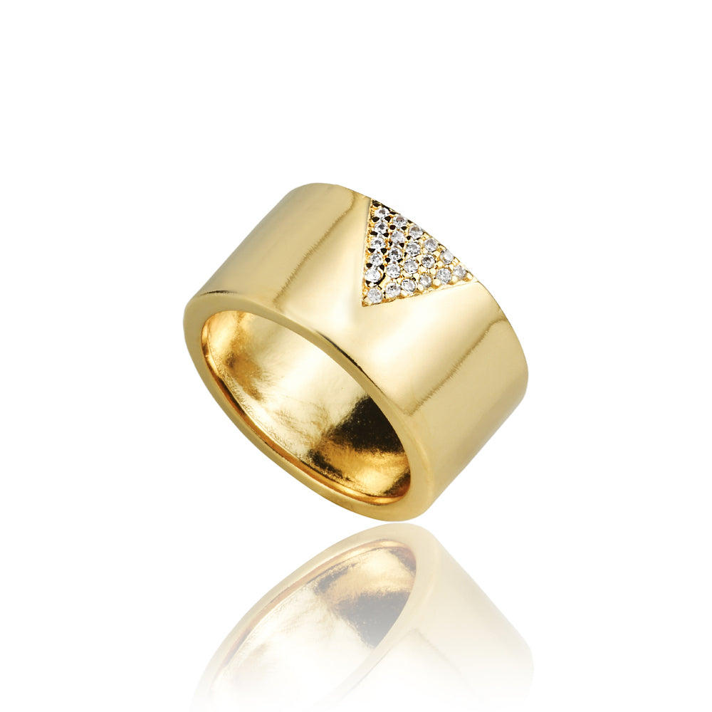 Anel triângulo com zircônias banho ouro 18k, design geométrico moderno