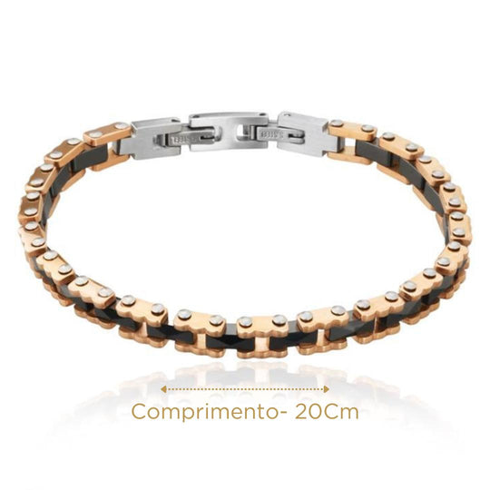 Pulseira de tungstênio black e rose sendo usada no pulso masculino