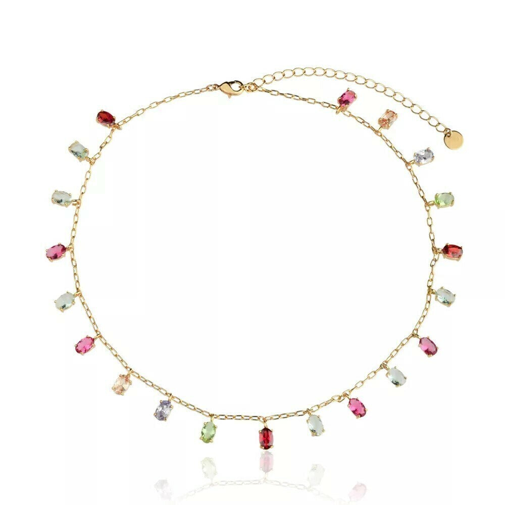 Colar pontos colorido banho ródio branco ou ouro 18k, visão completa da peça