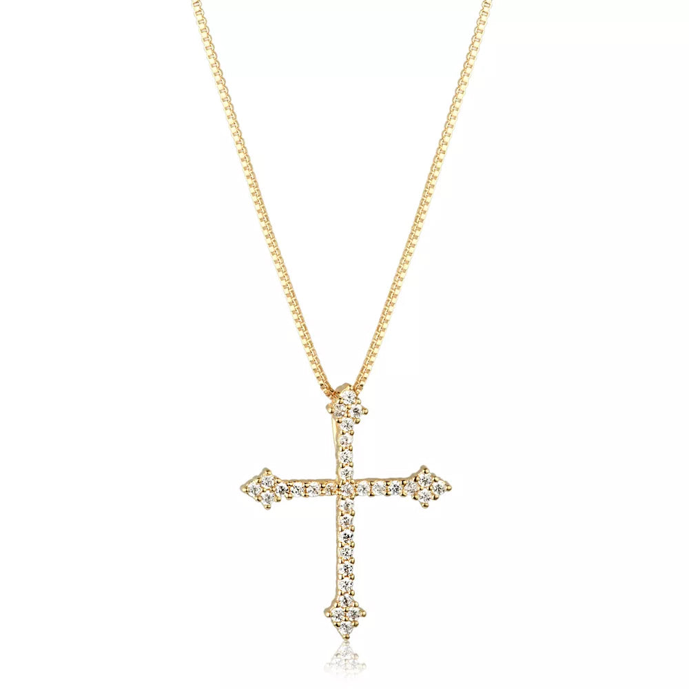 Colar cruz banho ouro 18k ou ródio branco sobre fundo neutro