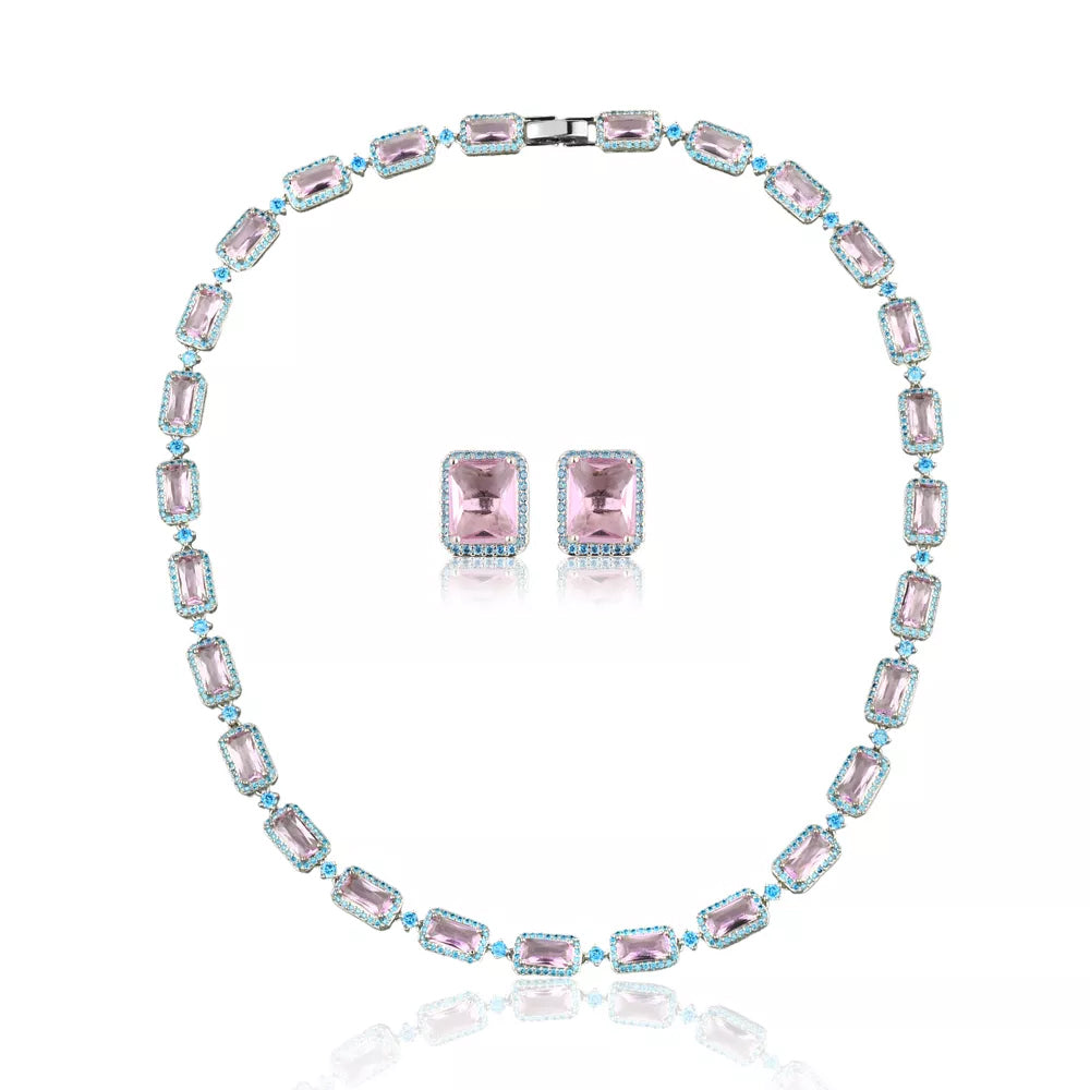 Conjunto cravejado rosa com banho de ródio branco e pedras rosa vibrantes