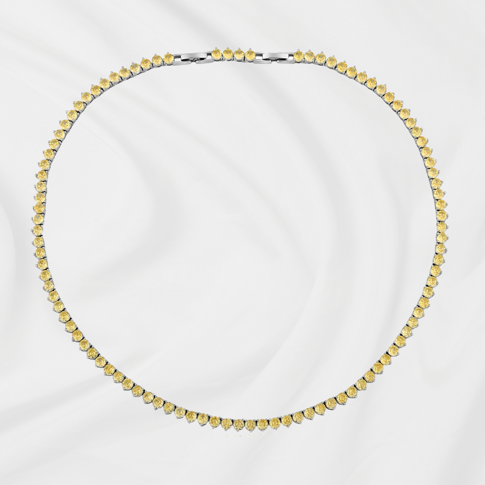Colar Riviera Amarela 3 Pontas Ródio Branco com zircônias premium