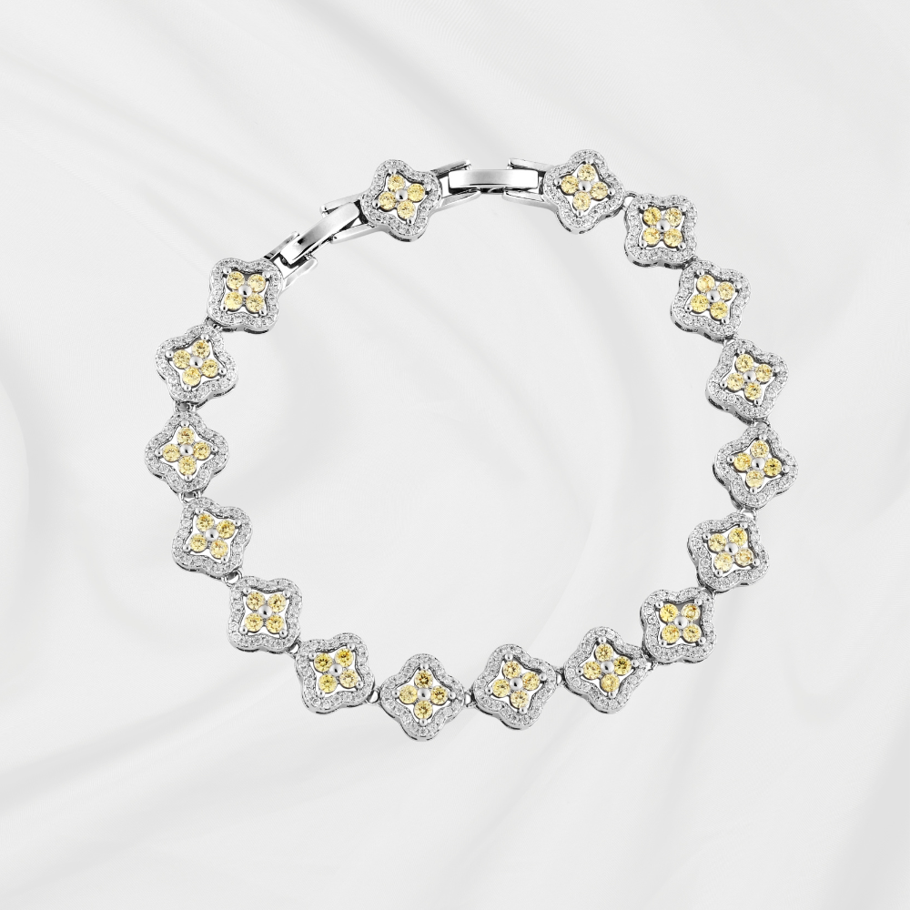 Pulseira Trevo Amarelo Ródio Branco com micro zircônias cristal e amarelas
