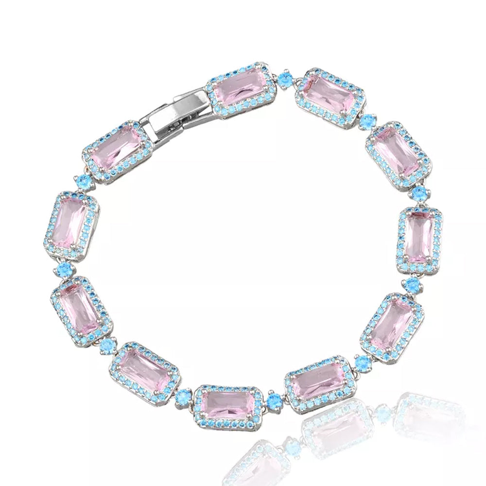 Pulseira cravejada rosa com banho de ródio branco e pedras delicadas