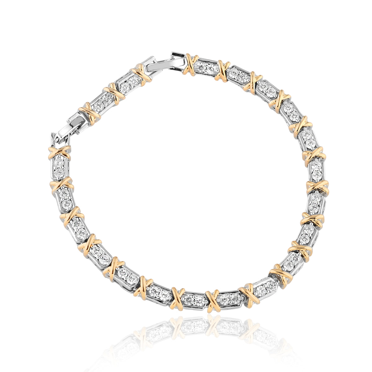Pulseira elos X com microzircônias em ródio branco e ouro 18k da Selet Joias
