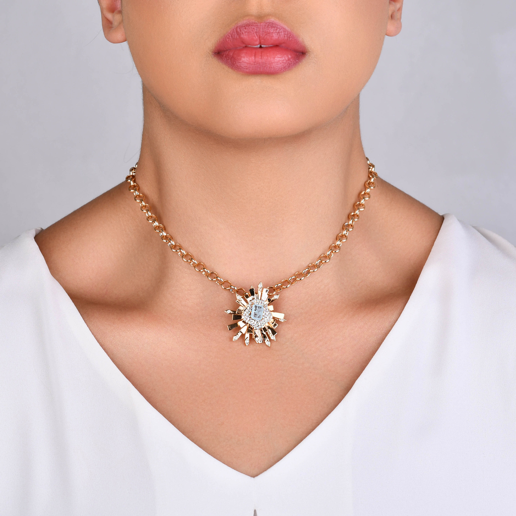 CONJUNTO BRINCO E COLAR ZIRCÔNIA CENTRAL AZUL