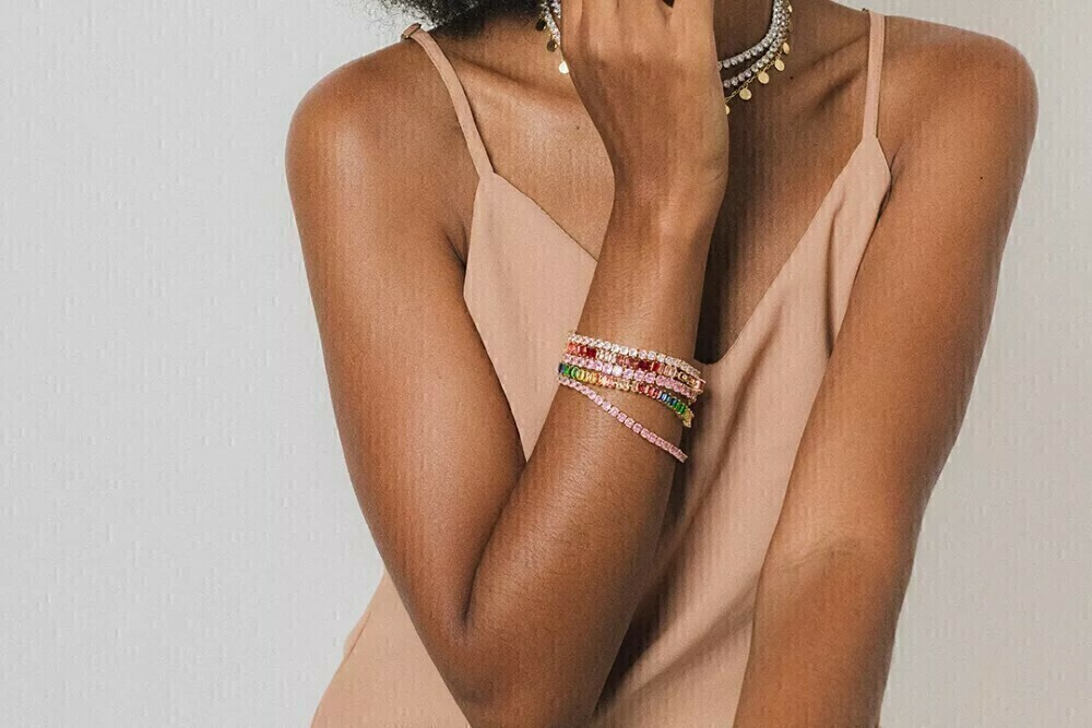 PULSEIRA ZIRCÔNIA BAGUETE COLORIDA BANHO OURO 18K