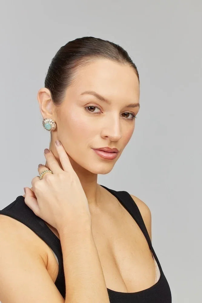 Brinco com pedra turquesa e anel delicado, joias elegantes para mulheres