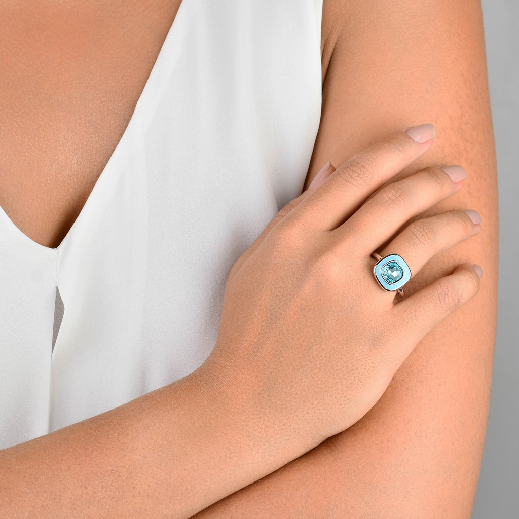 ANEL AZUL ESMALTADO QUADRADO RÓDIO BRANCO