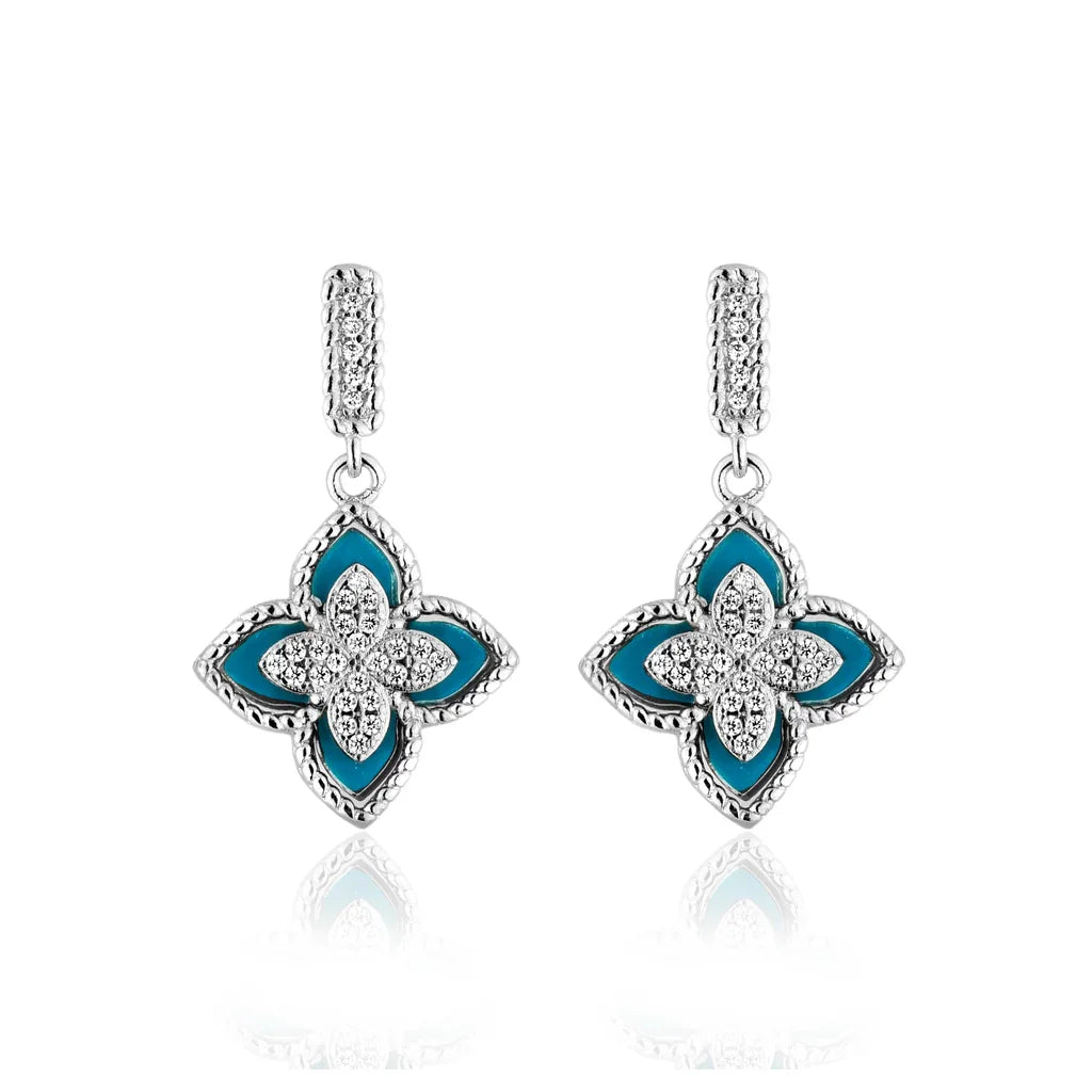 Brincos florais com esmalte turquesa e zircônias, joias elegantes e sofisticadas