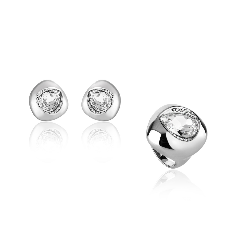 CONJUNTO BRINCO E ANEL ROBUSTO ZIRCÔNIA RÓDIO BRANCO