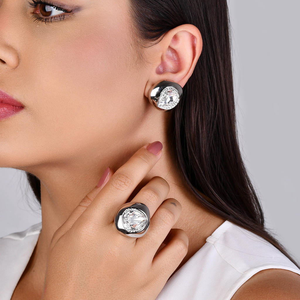 CONJUNTO BRINCO E ANEL ROBUSTO ZIRCÔNIA RÓDIO BRANCO