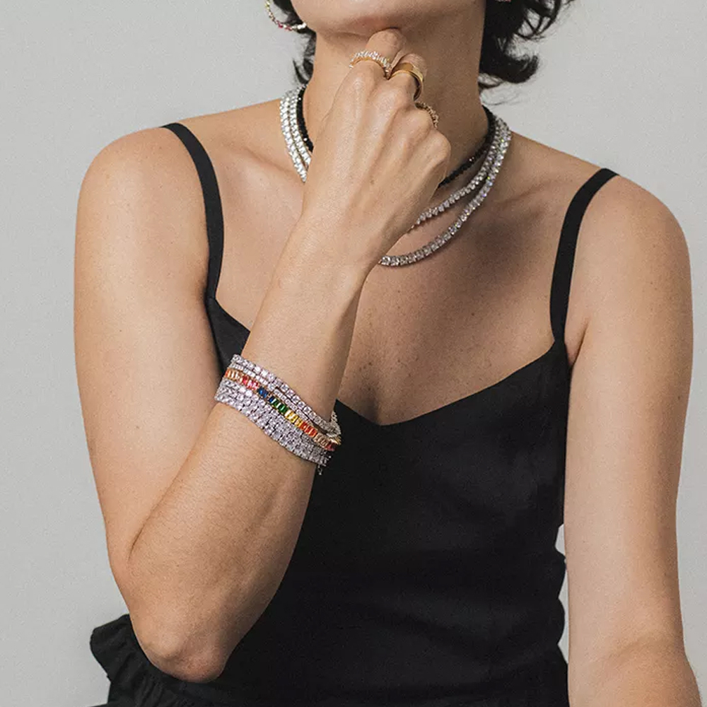 PULSEIRA ZIRCÔNIA BAGUETE COLORIDA BANHO OURO 18K