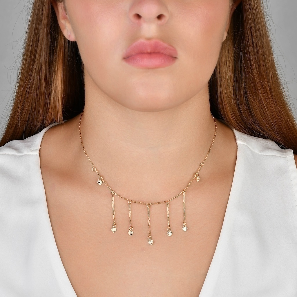 COLAR GARGANTILHA COM CORAÇÕES DIAMANTADO BANHO OURO