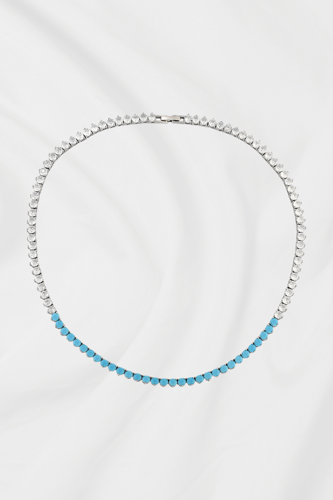 COLAR RIVIERA AZUL E CRISTAL 3 PONTAS RÓDIO BRANCO