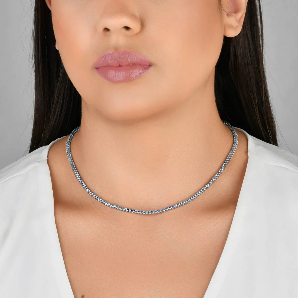 Colar Riviera Microzircônias Azul 3 Pontas Banho Ródio Branco, foto 9
