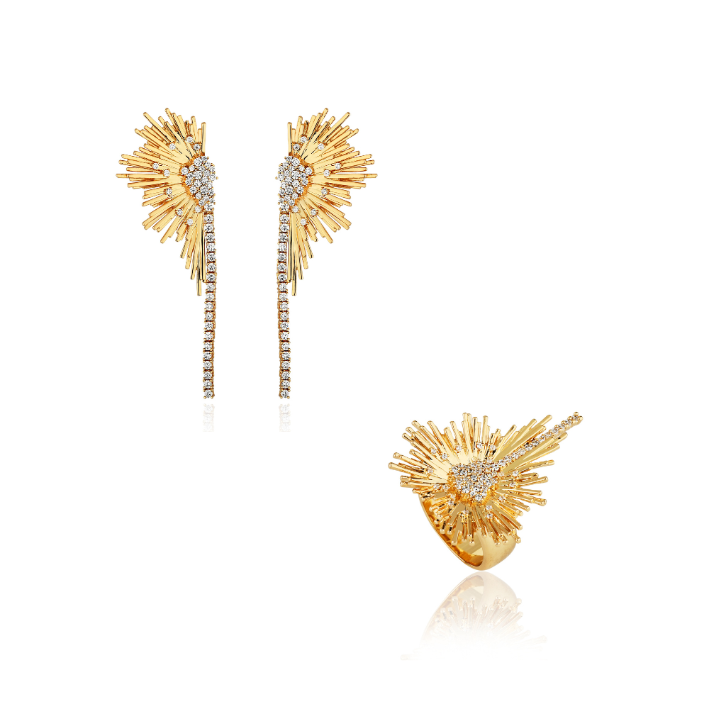 CONJUNTO BRINCO E ANEL ZIRCÔNIAS BANHO OURO