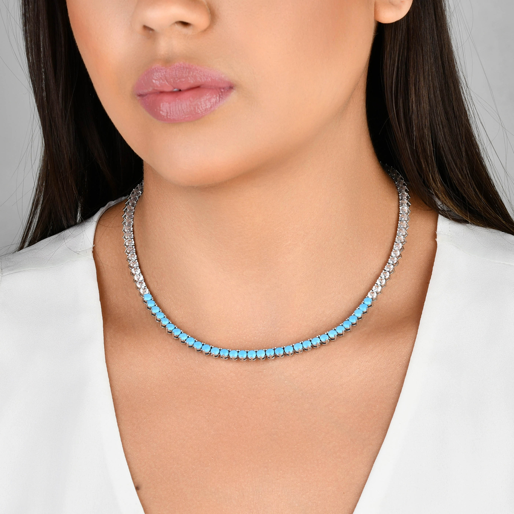 COLAR RIVIERA AZUL E CRISTAL 3 PONTAS RÓDIO BRANCO