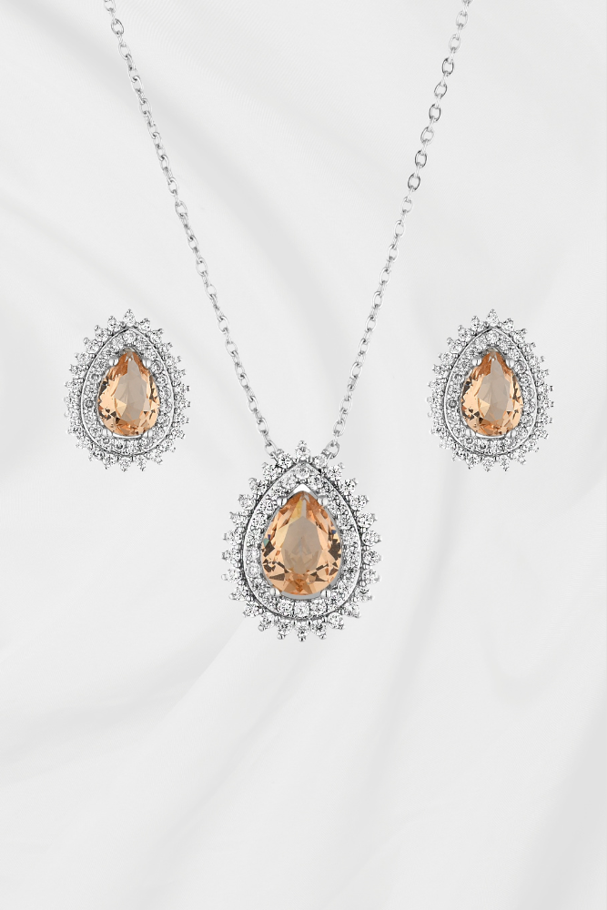 CONJUNTO COLAR E BRINCO CHAMPANHE RÓDIO BRANCO