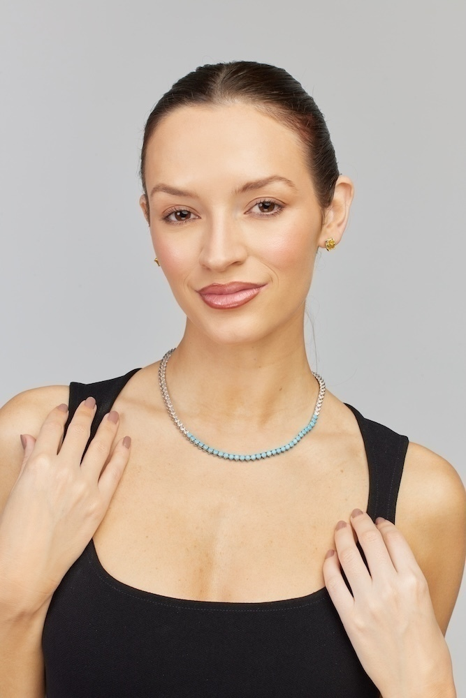 COLAR RIVIERA AZUL E CRISTAL 3 PONTAS RÓDIO BRANCO