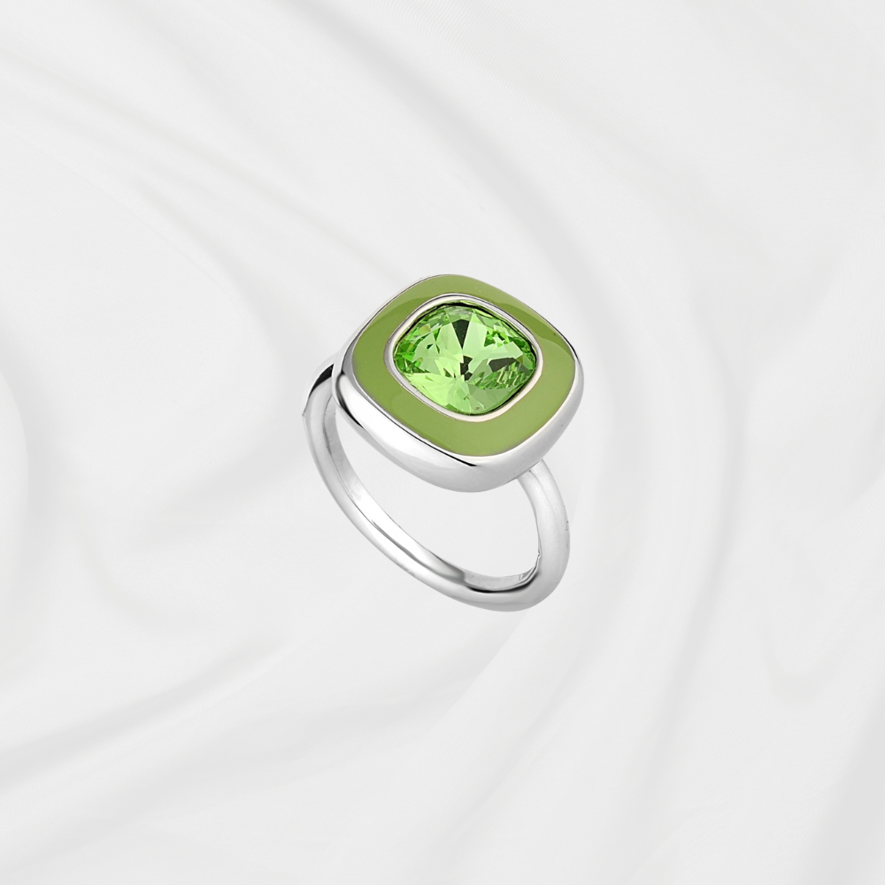 ANEL VERDE ESMALTADO QUADRADO RÓDIO BRANCO