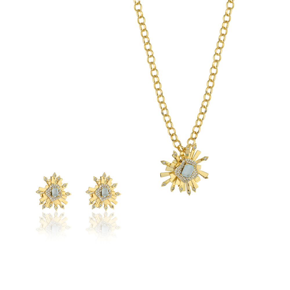 CONJUNTO BRINCO E COLAR ZIRCÔNIA CENTRAL AZUL