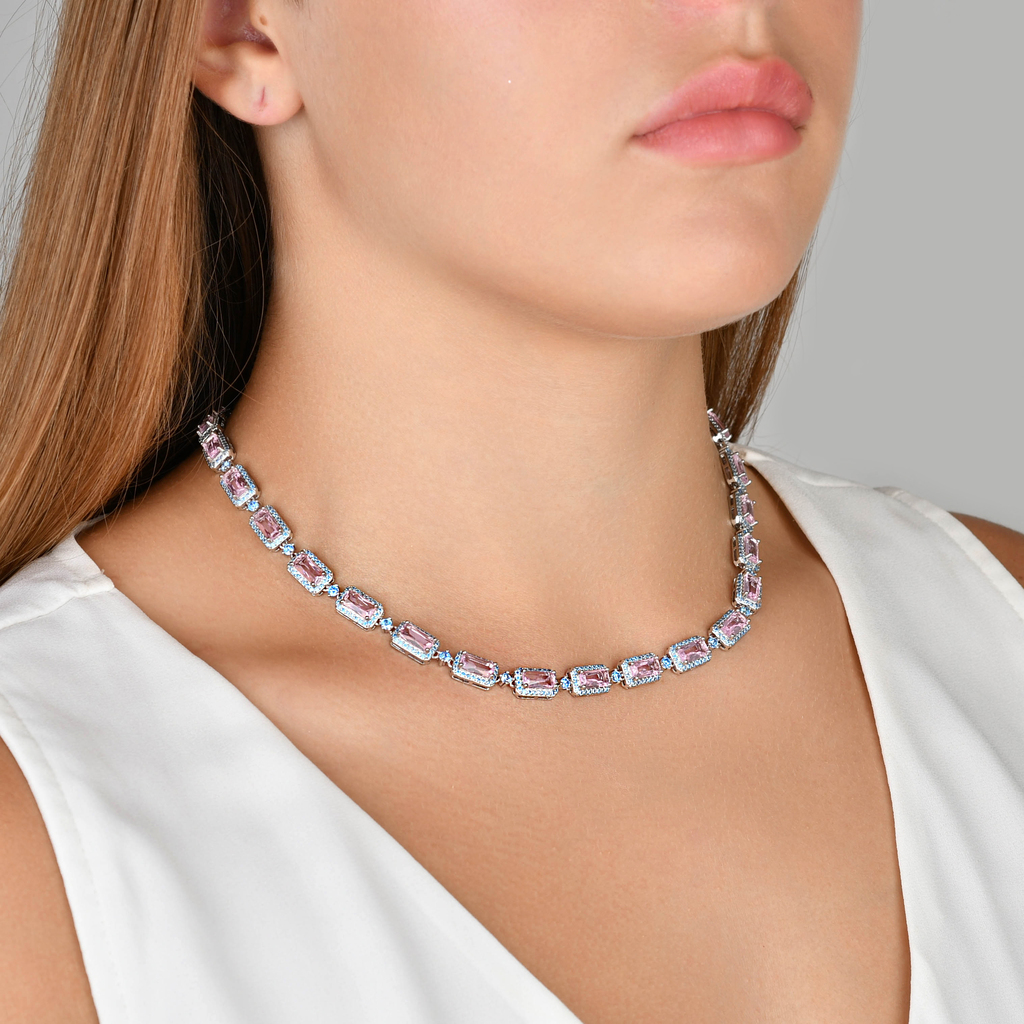 CONJUNTO CRAVEJADO ROSA BANHO RÓDIO BRANCO