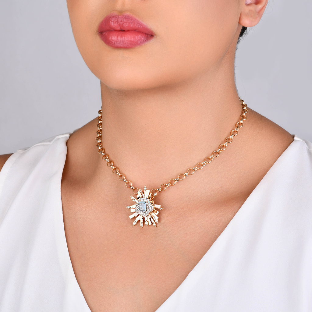 CONJUNTO BRINCO E COLAR ZIRCÔNIA CENTRAL AZUL