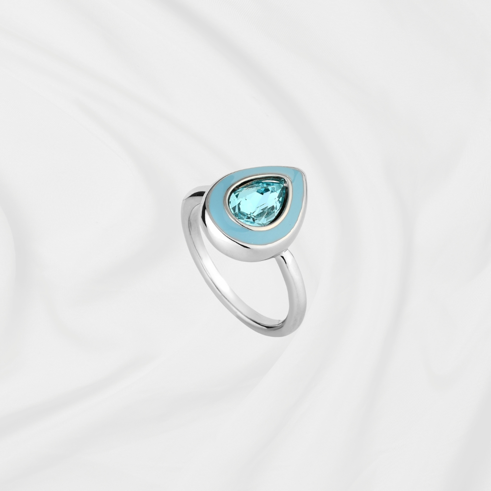 ANEL AZUL ESMALTADO GOTA RÓDIO BRANCO