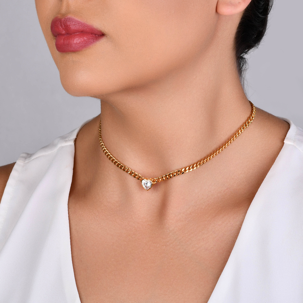 CONJUNTO BRINCO E COLAR ZIRCÔNIA CORAÇÃO BANHO OURO