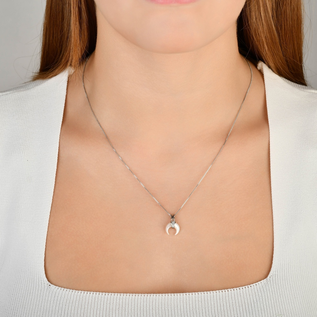 COLAR CHIFRE ITALIANO MADREPÉROLA BANHO RÓDIO