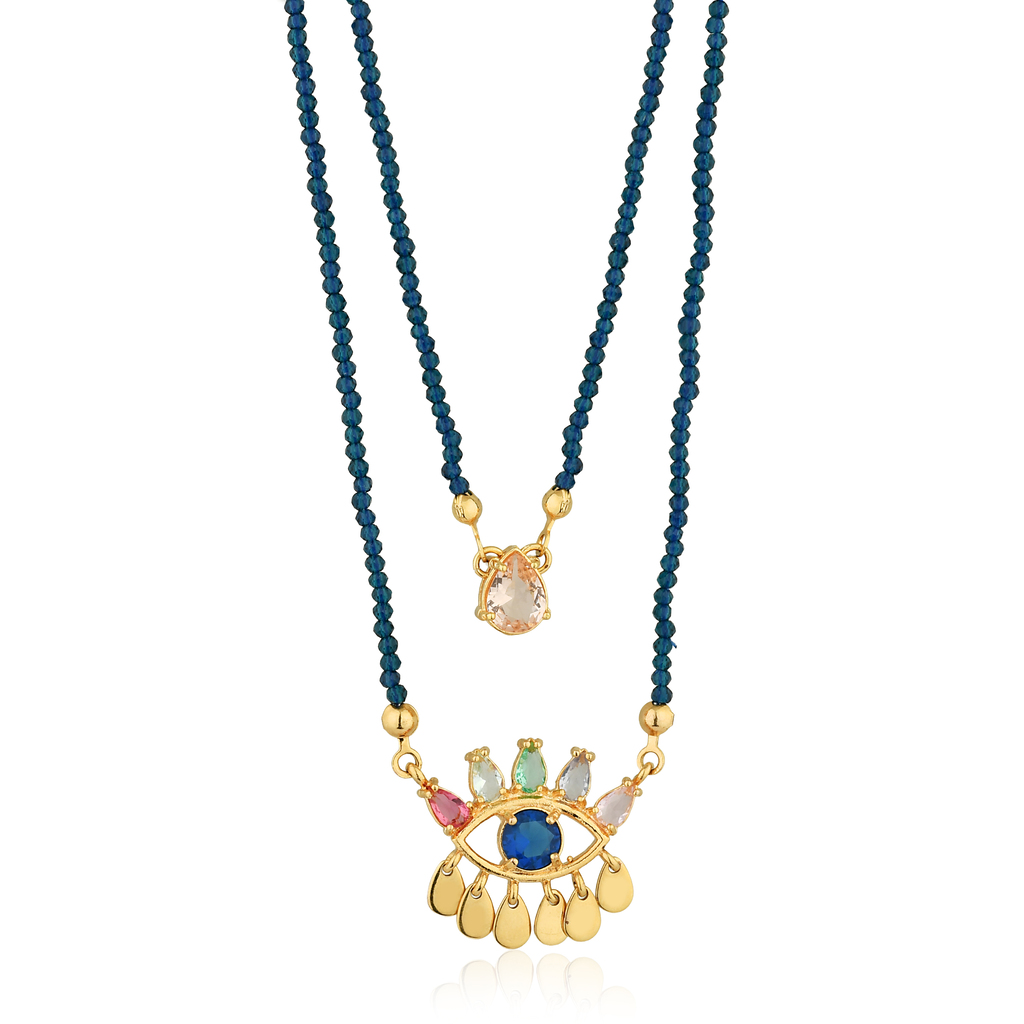 COLAR ESCAPULÁRIO CRISTAIS AZUL COM OLHO E GOTA EM PEDRA ROSA