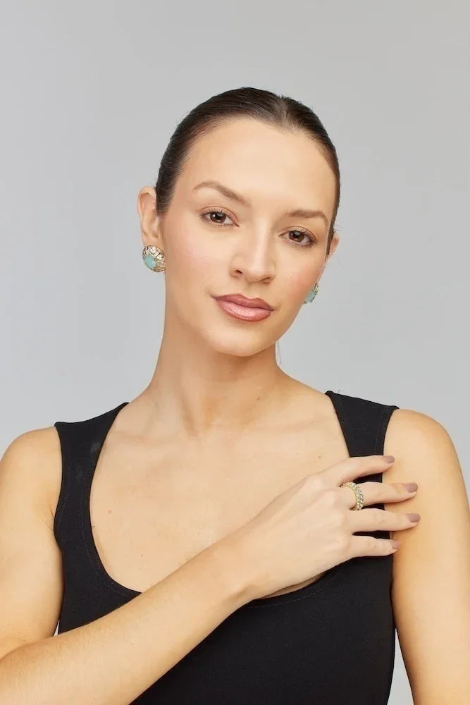 Brinco e anel com pedra turquesa, joias elegantes para mulheres