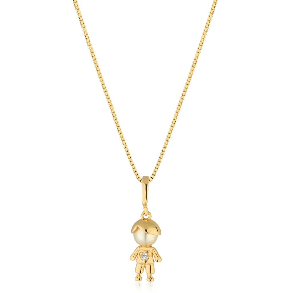 Colar Bonequinho Pérola e Coração Banho Ouro 18k em destaque