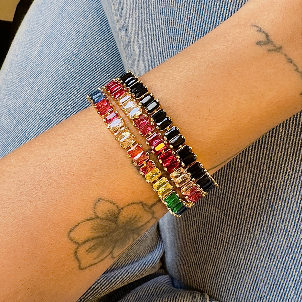 PULSEIRA ZIRCÔNIA BAGUETE COLORIDA BANHO OURO 18K